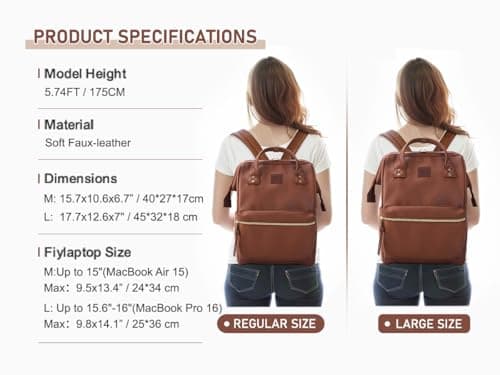 Kah&Kee Leather Laptop Backpack for Women, 14-15 Inch Professional Work Bag, Water-Resistant Vegan Leather Doctor Bag Backpack for Teacher, Nurse & Travel, Fits MacBook Pro 15 (Brown,Medium) — view 5