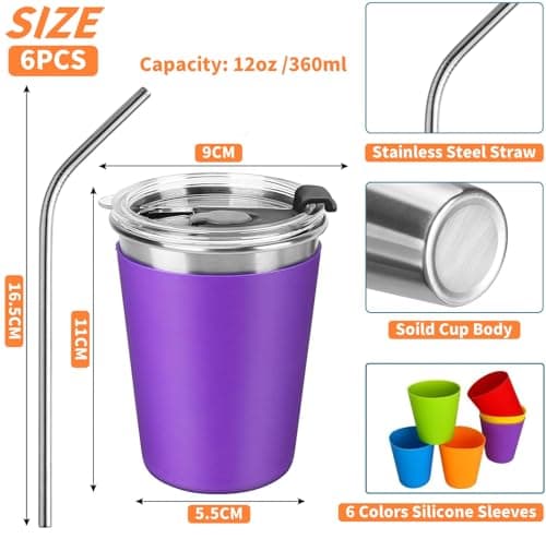 KAHEIGN 6Pcs Stainless Steel Cups with Lids & Straws, 360ml Unbreakable Kids Tumbler Reusable Drinking Cup Travel Mug Iced Coffee Cup with Removable Silicone Sleeves for Adults Kids Cold Hot Drinks — view 4
