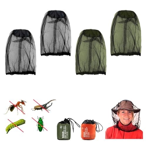 MUNSKT Mosquito Head Net,4 PCS Midge Nets for Head with 2 Storage Bags,Ultra Fine Mesh Insect Proof Face Cover for Outdoor Camping Hiking Fishing Travel,Black and Green