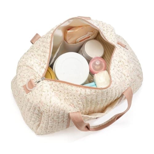 GSenhui Quilted Duffle Bag for Women Cute Baby Hospital Bag Floral Duffel Bags (Cream Vertical Floral) — view 5