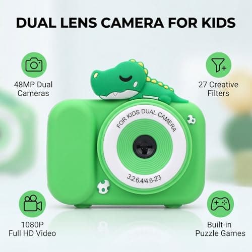Jectse Kids Digital Camera, 48MP 1080P HD Dual Lens Selfie Camera with 8X Zoom Tripod Games Music Filters, for Boys Girls Age 3-12 Birthday Gift Travel Use — view 2