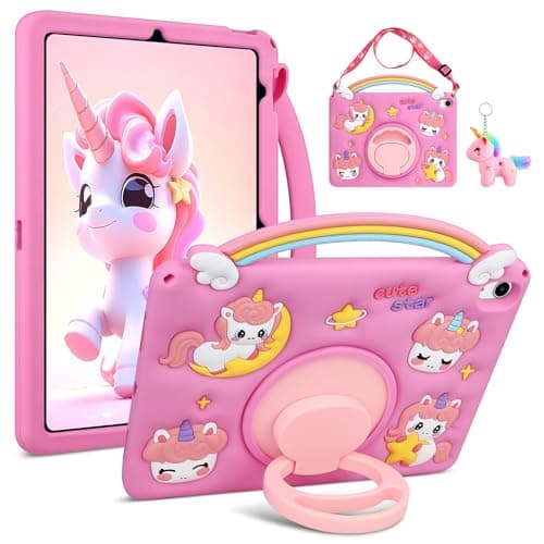 Aolcev for iPad A16 11th Generation Case 11 inch 2025, iPad 10th Generation Case 10.9 2022 Kids Girls with Shoulder Strap 360°Rotating Stand Unicorn Keyring Soft Silicone Protective Cover-Rose Pink