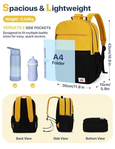 VASCHY School Bag, Lightweight Classic Cute Aesthetic Bookbag Daypack for Teen Boys Girls Traveling/Gym/Middle School Yellow Black — view 2