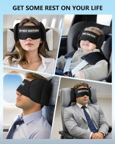 VORINA Travel Pillows for Airplanes, Airplane Pillow for Long Flights Sleeping Travel, Airplane Head Strap with Eye Mask 360° Support Headrest for Plane Road Trip Sleep, Stop Head Bobbing（Black） — view 6