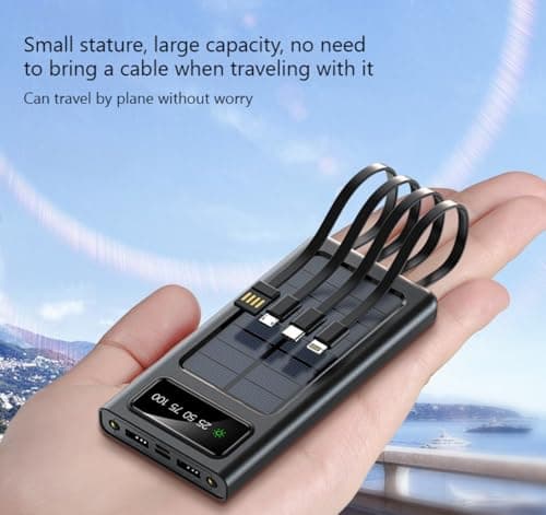 Portable Solar Power Bank with Built-in Cables, Black,White,LED Display, Solar Charging, Compact Travel Design (Black, Milliamp Hours, 10000.0) — view 4