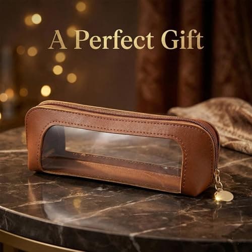 Brown Leather Makeup Bag with Clear Window - Small Cosmetic Case for Travel, Organizes Brushes, Pens & Beauty Tools in Compact Pouch, Textured Faux Leather, Gold Zipper, Rounded Ends, Portable Storage — view 5