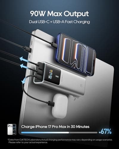 CUKTECH Power Bank 15000mAh 100W, External Battery Fast Charging, Portable Charger with Display, Compatible with iPad, iPhone 16/15 Plus Pro MAX, Galaxy S24 S23 Ultra — view 3