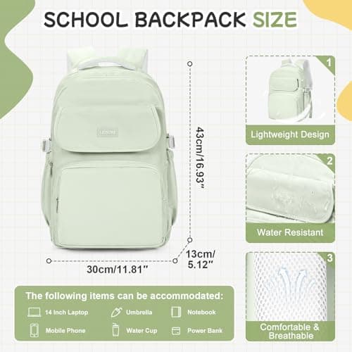 HYC00 School Backpacks for Teenage Girls Boys Casual Daypacks Lightweight School Bags for Girls Secondary High College Bookbag Lightweight Schoolbag Travel Rucksack Work Bag for Women Men,Mint Green — view 3