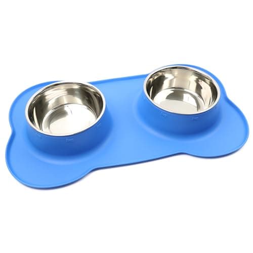 DIVCHI Dog Bowls, Stainless Steel Double Bowl Set for Cats & Dogs, Non-Slip Silicone Mat, Food & Water Feeding Bowls for Puppies, Small Medium Dogs & Kittens (Blue, L)