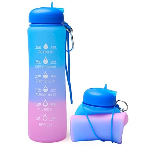 Motivational Water Bottle with Time Markings - 0.6 Litre Foldable Collapsible Gym and Sports Silicone Water Bottle - Running Drinks Bottle For Women, Men, Girls, Boys, Cycling, Hiking, Travel