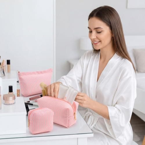 Sanwuta 4 Pcs Seersucker Pouch Striped Makeup Bag Set, Coral Pink — view 5