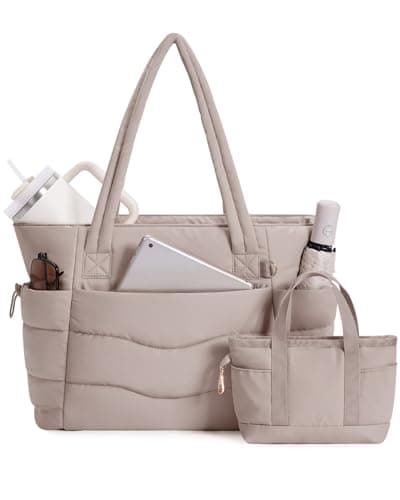 Tote Bags for Women with Zipper, Set of 2 Shoulder Handbags with 15.6 Inch Laptop Compartment & Water Bottle Pocket for Work School Travel College,Beige (Patent Pending)