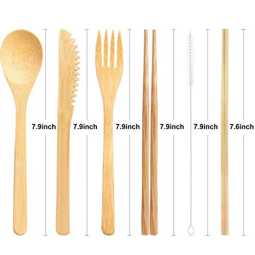 4 Sets Bamboo Travel Utensils Set, Reusable Bamboo Utensil Fork Knife Spoon Chopsticks Straw Cleaning Brush for Travel Picnic Office School (Pattern 2) — view 2