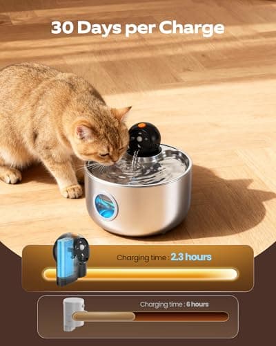 Cat Water Fountain for Drinking Wireless: Cordless Stainless Steel Cat Fountain - 2.6L Automatic Pet Water Dispenser Battery Operated with Motion Sensor Indoor - Rechargeable Pet Fountain Water Bowl — view 3