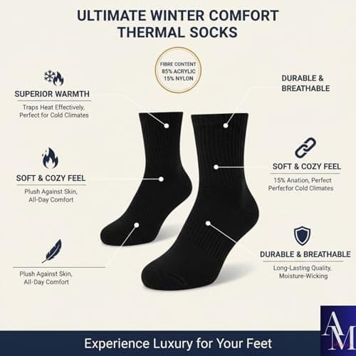ABUMOR® 3Pairs Winter Thermals Ladies Thermal Socks, Black, Size 4-7, Cold Weather Protection -25°C, 8 Pack (4-7 BLK 3P) — view 6