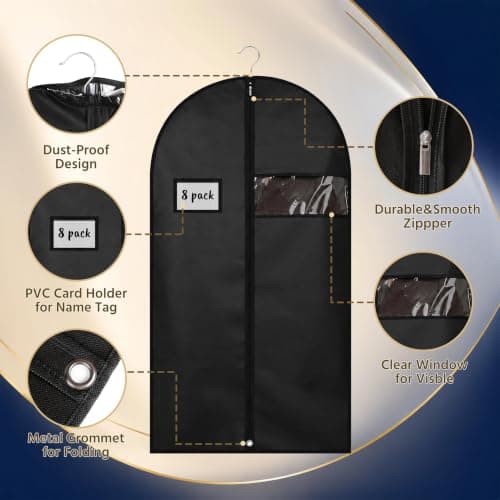 8 Pack Garment Bags Dustproof, Suit Cover with Clear Window and Pocket — view 3
