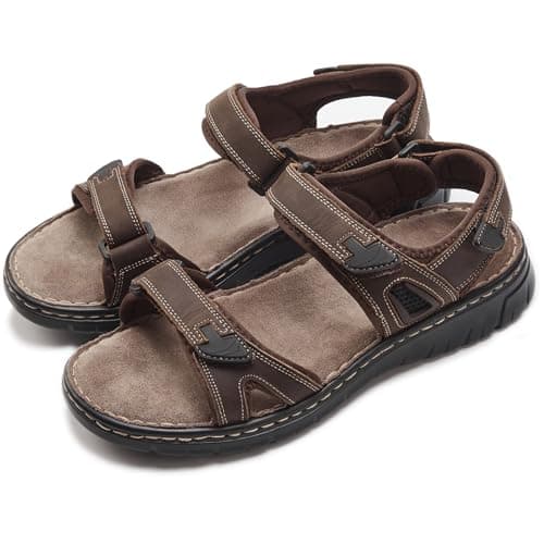 ISQFIQ Real Leather Mens Sandals, Wide Fit Sandal for Walking, Open Toe Indoor and Outdoor Shoes with Adjustable Strap for Summer Casual Travel Hiking Beach Trekking Towns Dark Brown UK 11