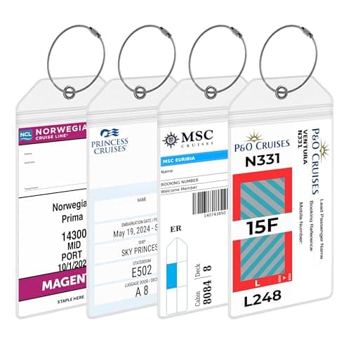 P&O, Cunard, Princess, MSC, Norwegian – Premium Cruise Luggage Tag Holders [4 Pack] – Waterproof, Durable Plastic with Steel Loops – Fits Most Major Cruise Lines