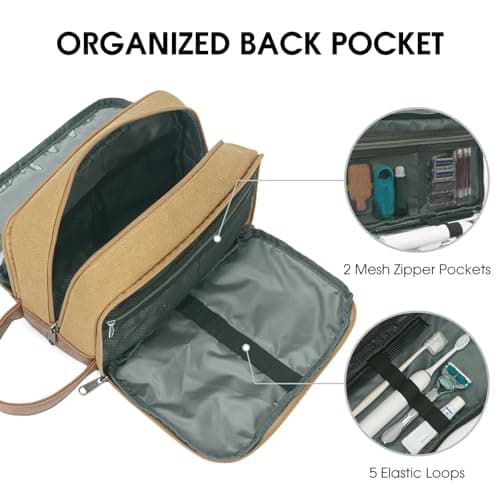 WANDF Toiletry Bag for Men, Travel Wash Bag with Handle, Water-Resistant Canvas Shaving Organiser, SBS Metal Zipper Dopp Kit for Makeup Bathroom Gym (Khaki) — view 2