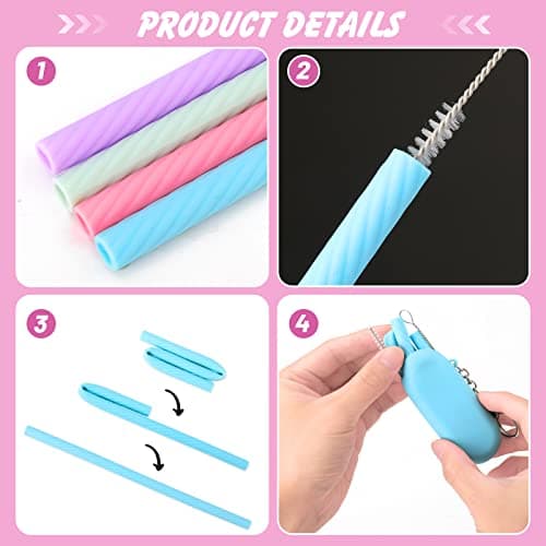 Prasacco 4 Sets Silicone Straws Reusable Straws with Case Foldable Straws Portable Drinking Straws for Travel Party — view 4