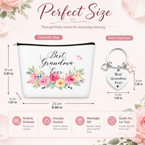 RUHSNJK 2 Piece Grandma Gifts, Watercolor Floral Cosmetic Bag and Heart Keychain, Versatile Presents for Grandmother for Travel Home and Daily Accessory — view 2