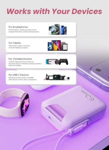 Gidues M1 Mini Portable Charger, 10000mAh Ultra-Compact Power Bank, 22.5W PD Fast Charging, Tpye-C Built-in Cable, Small External Battery Pack for iPhone, Samsung, Android iPad (Purple) — view 5