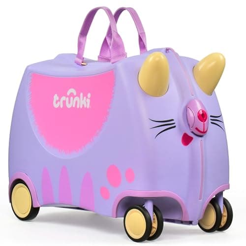 Trunki Ride-On Kids Suitcase with 360° Front Wheels - 17.6 L Hand Luggage Bag, Cabin Luggage with Wheels, Carry-on Approved Lightweight Kids Luggage with Tow Strap - Cassie the Cat, Purple