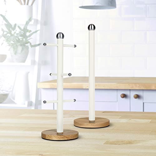 Swan SWKA17511WHTN Nordic Scandi Towel Pole/Kitchen Roll Holder with Non-Slip Wooden Base, Cotton White, Steel, Holds 1 — view 3