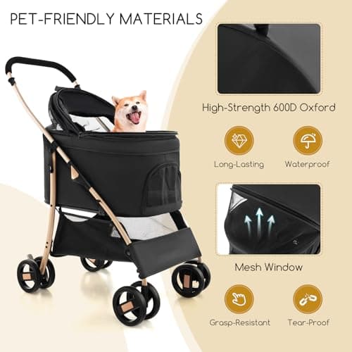 COSTWAY 3 in 1 Pet Stroller, Folding Dog Strollers with Detachable Car Seat Carrier, Adjustable Canopy, Storage Basket, 4 Wheels Travel Pushchair for Small Medium Dogs Cats (Black+Gold) — view 4