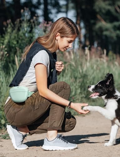 heouvo Dog Treat Pouch with Training Clicker, Upgrade Stronger Magnetic Closure to Avoid Spilling, 1.67 Cup Silicone Treat Bag Fanny Pack with Waist Belt for Pet Training Walking (Sprout Green) — view 3