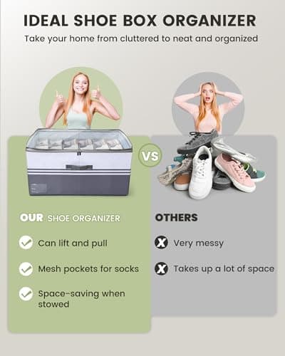Opvener 24 Pairs Shoe Organizer for Closet, Sandal Storage Organizer, Large Foldable Shoe Storage Boxes Bin Container With Dividers, Handles, Mesh Pocket, Small Space Fabric Shoe Organizer Cubby Grey — view 6