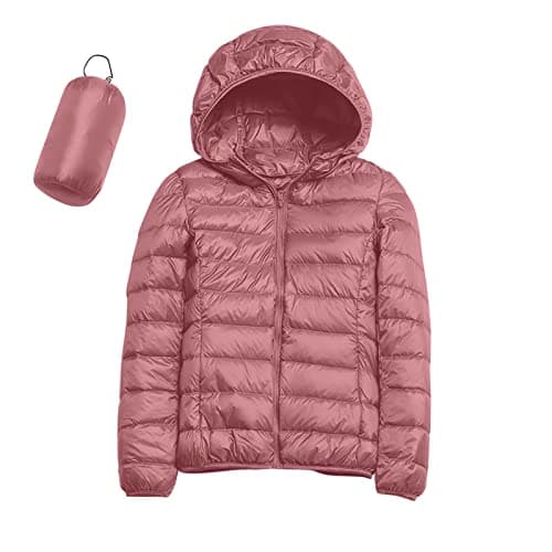 Womens Winter Lightweight Puffer Jacket with Hood Warm Short Packable Women Quilted Jacket Transitional Padded Down Jacket for Ladies Lined for Hiking Travel Plus Size Thin Jacket Down Pink