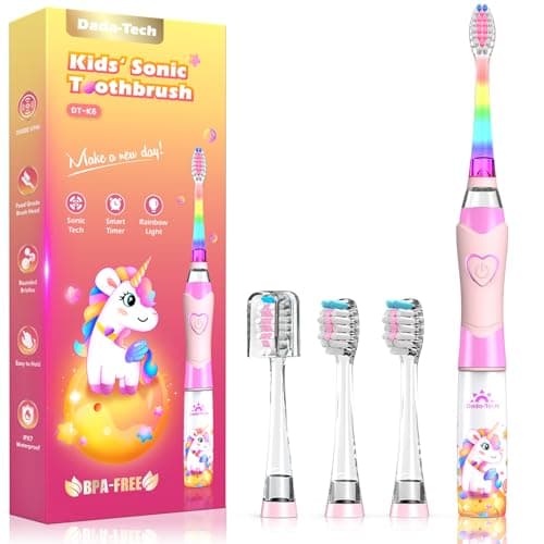 Kids Electric Toothbrush 3-5-6-12, Toddler Toothbrush Girls Electric Toothbrush with Timer Rainbow LED Light Up Sonic Battery Powered Junior Childrens Tooth Brush (Unicorn Pink)