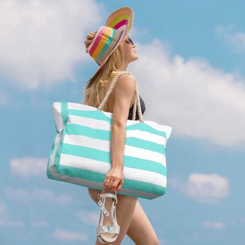 oscaurt Beach Bags for Women Waterproof Beach Tote Bag with Zip Foldable Travel Bag Shoulder Bag Holiday Essentials Canvas Gym Bag Shopping Bags — view 3
