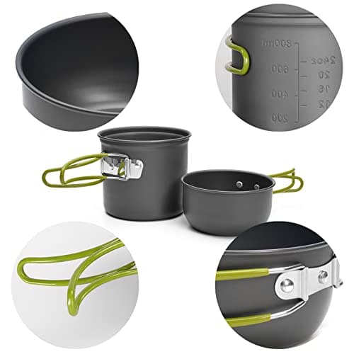 Odoland Camping Saucepans Set, 10 Pieces Durable Aluminium Complete Kitchen Utensils with Ultralight Portable Stove for Hiking, Fishing — view 3