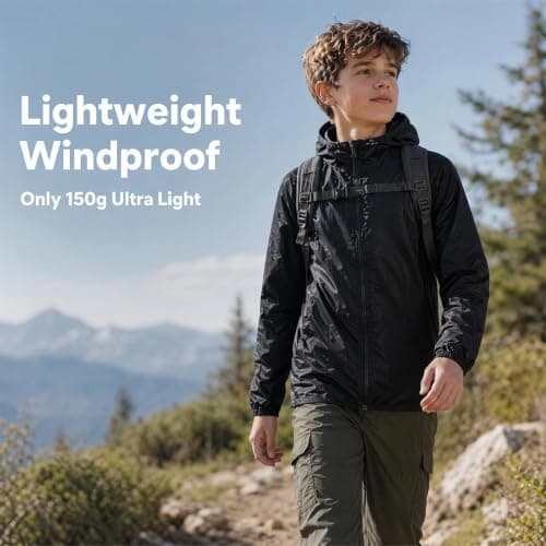 Pleyihe Kids Waterproof Jacket Boys Girls Lightweight Packable Rain Jacket Sun Protection Outdoor Raincoat for Hiking School Cycling Running (UK, Age, 13 Years, 14 Years, Regular, Black) — view 4
