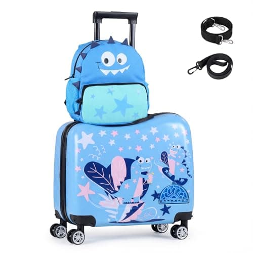 COSTWAY 2PCS Kids Luggage Set, Children Backpack and Ride-on Suitcase with Footrest, Anti-Lose Rope, Travel School Trolley Hardshell Case for Boys Girls (Dinosaur, 28cm Backpack + 33cm Suitcase)