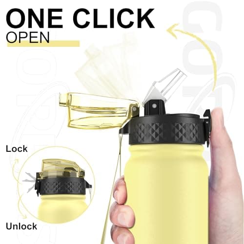 GOPPUS 600ml/20oz Stainless Water Bottle with Straw Double Wall Insulated Bottles with Strap One Hand Open Vacuum Thermal Flask with Flip Top Lid Leakproof Keep Cold Drinks BPA Free (Yellow) — view 2