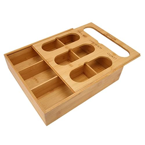 YUMILI Food Storage Bag Container - Bamboo Polished Finish Drawer Design Food Bag Storage Box, Vacuum Food Bags Storage Box for Kitchen Home, Bamboo/White(Bamboo) — view 5
