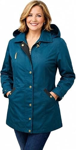 Women's Waterproof Rain Jacket with Hood, Lightweight Windproof Ladies Raincoat, Outdoor Walking Hiking Travel Coat, Hooded Waterproof Parka with Zip & Snap Fastening (22, TEAL GREEN)