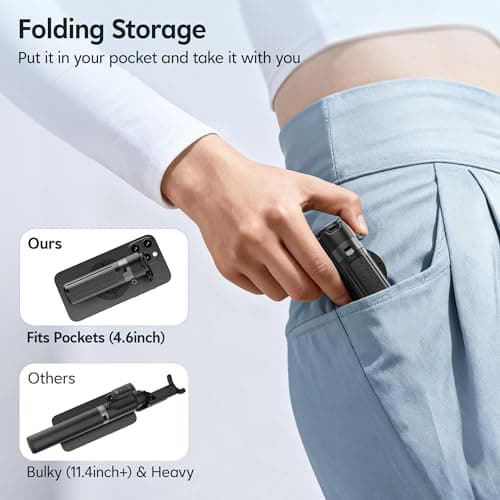 Magnetic Tripod for iPhone, 14.5" Mini Selfie Stick with Remote for MagSafe, Portable Pocket Size Selfie Stick with Metal Ring, Small/Compact Cell Phone Stand for Recording, Travel and Vlogging-Black — view 5