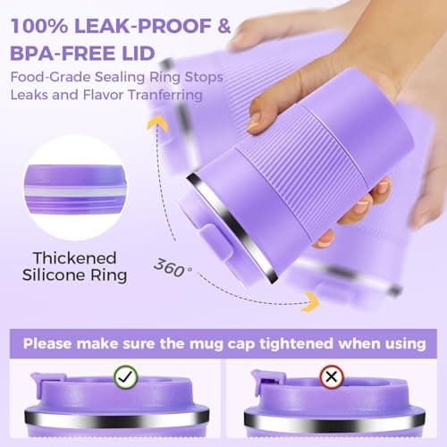 Volhoply 380ml 13oz Stainless Steel Insulated Travel Coffee Mug with Fip Lid,Reusable Double Wall Vacuum Metal Coffee Cup,Portable to Go Leak Proof Cafe Tumbler for Hot & Cold Drinks(Purple,1) — view 4