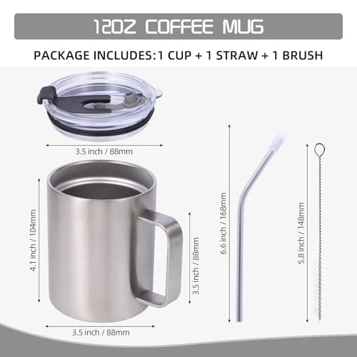 Volhoply 12oz Insulated Leakproof Coffee Mug with Sliding & Straw Lid,Double Wall Vacuum Stainless Steel Travel Cafe Tumbler Cup with Handle,Reusable Camping Mugs Keep Cold/Hot(Silver,1 Set) — view 2