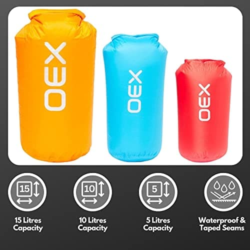 OEX Drysac Multi Pack, Pack includes 5 litre, 10 litre and 15 litre Drysacs, Lightweight Waterproof Dry Bags, Watersports, Cycling, Backpacking, Camping Accessories, Multicoloured — view 2