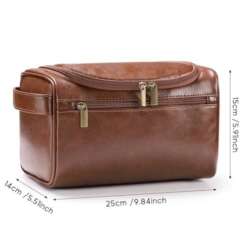 Leather Toiletry Bag, Etercycle Hanging Wash Bag PU Travel Toiletry Bag Waterproof Bathroom Bag for Men and Women Travel Makeup Organizer (Brown) — view 2