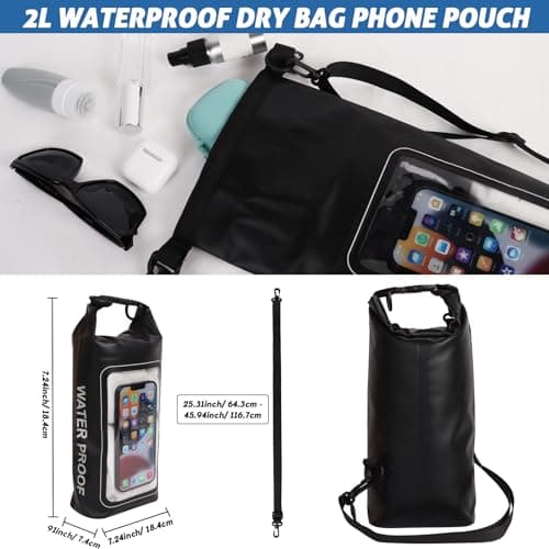 Plliocse Dry Bag Waterproof Dry Bag Phone Pouch, 2 in 1 Dry Sack and Phone Bag, 2L Small Boat Dry Bags with Adjustable Shoulder Strap for Hiking, Camping, Cycling (Black) — view 4