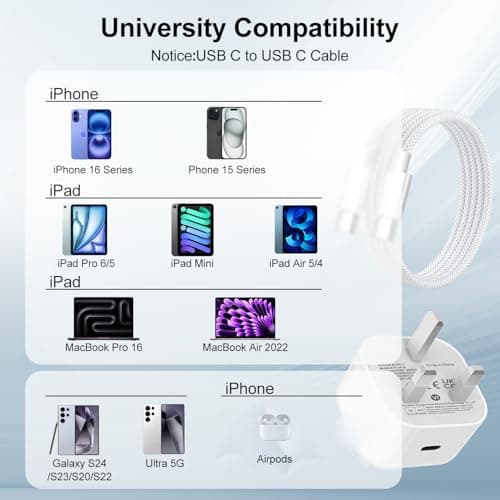 For iPhone 17 16 15 Fast Charger, 20W PD USB C Charger Plug with Nylon usb c Cable 3M for iPhone 17 16 15 Pro Max/Pro/Air/iPad/Samsung S25,USBC UK Power Adapter usb c Power Adapter Fast charger Plug — view 6