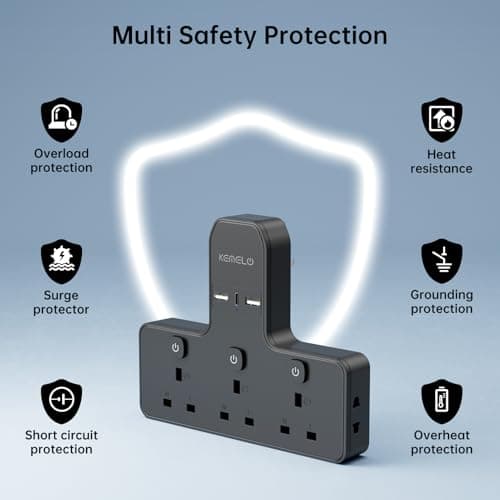 Multi Plug Adapter (3250W/13A), Plug Extension Socket with 3 USB, 3 Way Plug Adapter UK Built-in with Independent Switches,Wall Plug Extender for School Home, Kitchen, Office — view 5