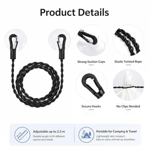 QIHAWN 2.5m Pegless Travel Clothesline, Elastic with Hooks & Suction Cups — view 3