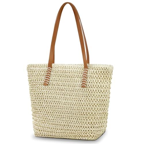 Aucuu Straw Shoulder Bag, Straw Bag for Women, Beach Bag, Large Zippered Handbag Tote Bag, Bohemian Summer Handheld Shoulder Bag for Outdoor Travel and Beach (Off White)